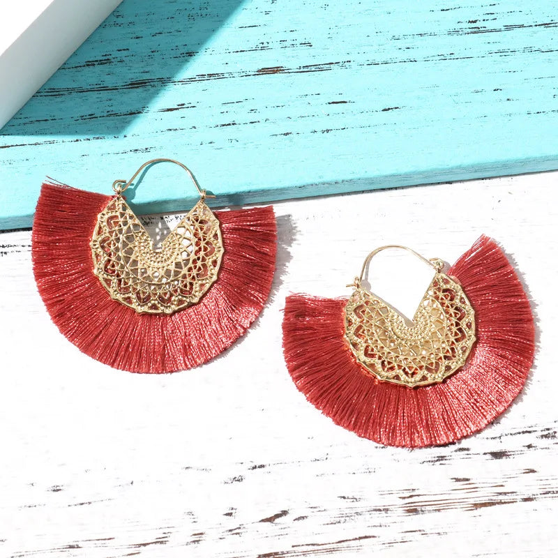 Bohemian Fan Shaped Tassel Earrings for Women Lady Female Fringe Handmade Dangle Earring Vintage Dangle Drop Earrings Jewelry