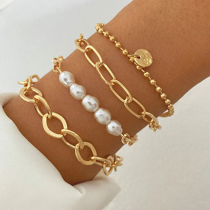 Bohemian Bracelets for Women Metal Gold Color Pearl Bracelet Heart Bracelets Set Pack Luxury Fashion Jewelry Accessories