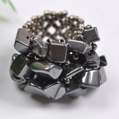 Elastic Black Hematite Bead Finger Ring Stretch Size 8-9 Jewelry for Woman Gift X017