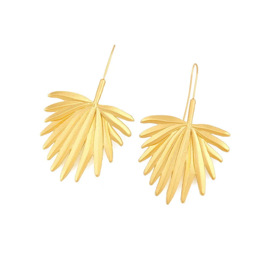 Gold Color Scalloped Alloy Feather Earrings Nature Inspired Floral Leaves Earrings Tropical Unique Women Fashion Jewelry