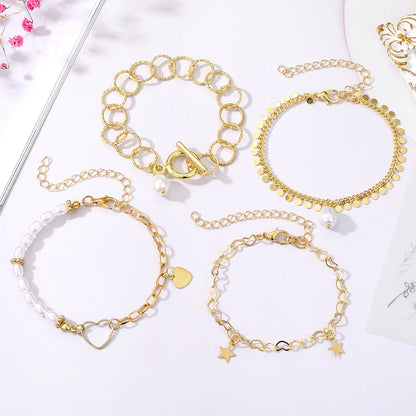 Bohemian Bracelets for Women Metal Gold Color Pearl Bracelet Heart Bracelets Set Pack Luxury Fashion Jewelry Accessories