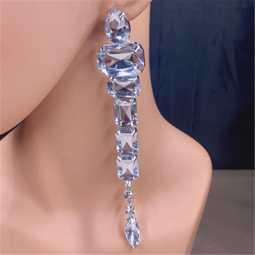 Handmade Big Rhinestone Long Tassel Square Pendant Drop Earrings for Women Crystal Geometric Dangle Earrings Jewelry Accessories