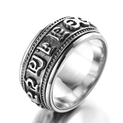 Silver Color Mantra Rotatable Ring Men Titanium Steel Tide Retro Domineering Personality Single Index Finger Ring with Jewelry