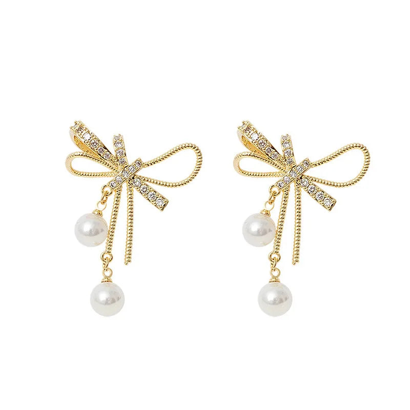 Korean Elegant Bow Imitation Pearl Earring Rhinestone Shiny Earring for Women Fashion Jewelry Bride Party Wedding Friends Gifts