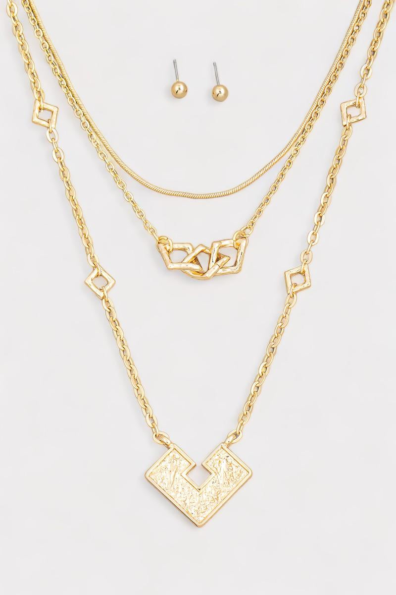 Square Shape Pendant Layered Chain Necklace & Ball Earrings Set