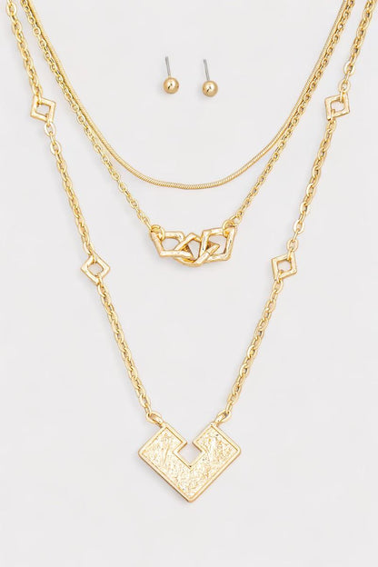 Square Shape Pendant Layered Chain Necklace & Ball Earrings Set