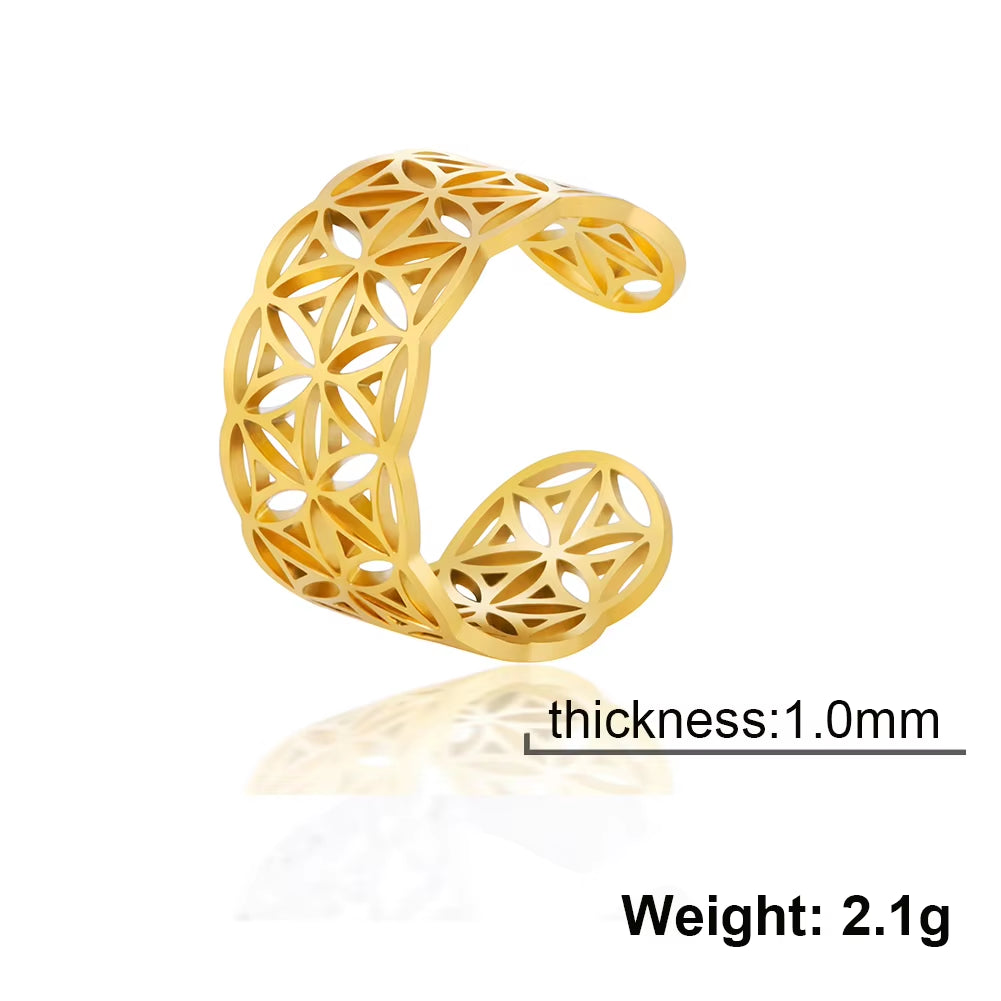 Openwork Flower of Life Open Ring for Women Fashion Stainless Steel Adjustable Finger Ring 2022 New Trend Jewelry