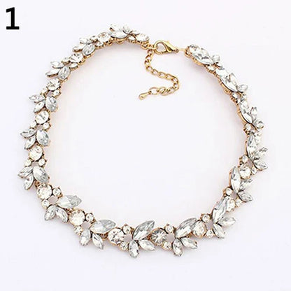 Women Vintage Charm Crystal Flower Pendant Statement Bib Choker Necklace