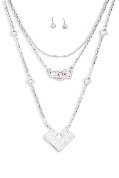 Square Shape Pendant Layered Chain Necklace & Ball Earrings Set