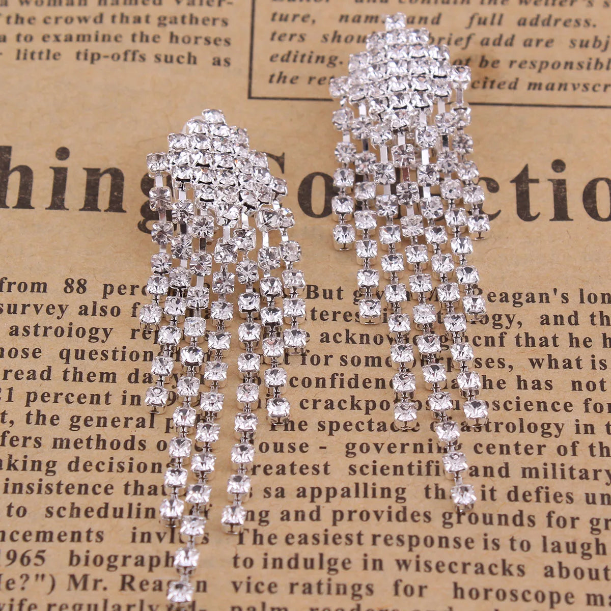 Bridal Silver Plated Crystal Rhinestone Long Tassel Clip on Earring for Women Party Fine Jewelry No Hole Earrings