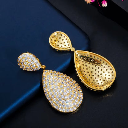 Classic Long Big Water Drop Indian Gold Color Luxury Micro Pave CZ Earrings Dubai Bridal Wedding Jewelry CZ652