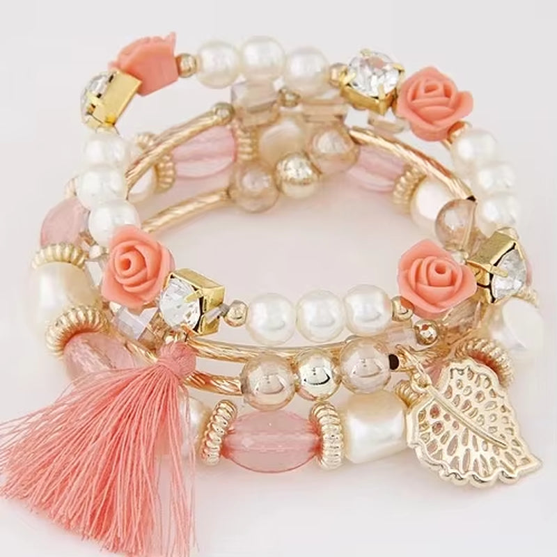 Charm Bracelets for Women Jewelry Rose Flower Multi-Layer Wrap Flower Bracelets & Bangles Vintage Pulseras Mujer Pulseiras Femme