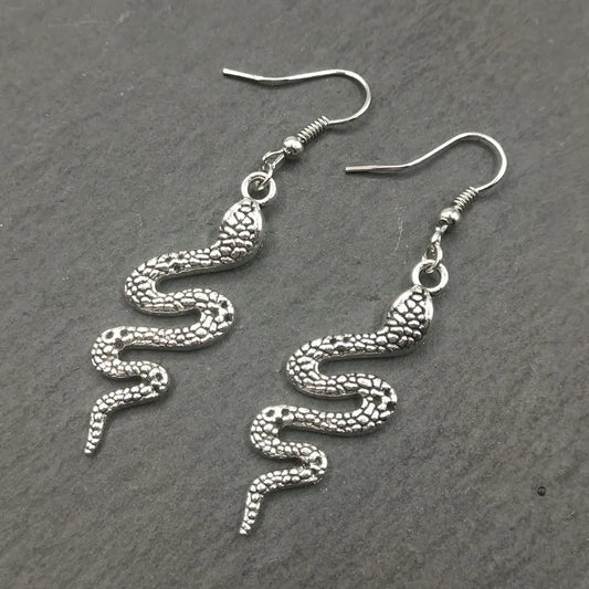 Antique Silver Color King Cobra Snake Charm Drop Earring, Dangle Earrings for Womens