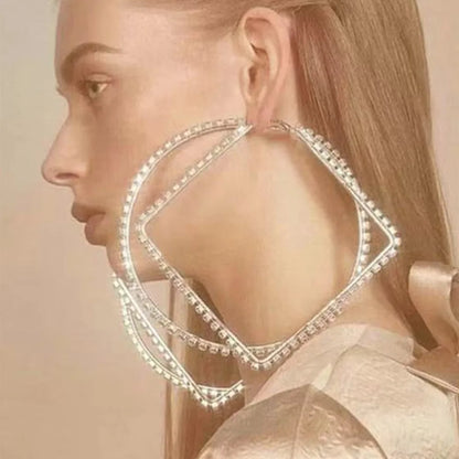 Exaggerated Rhinestone Super Big Square round Hoop Earrings for Women Luxury Crystal Oversized Large Circle Rectangular Earrings