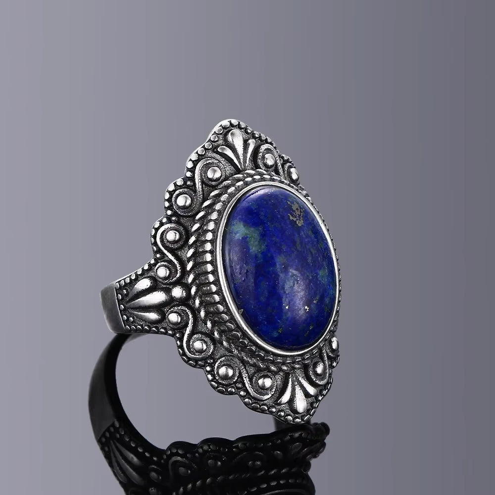 925 Sterling Silver Ring Vintage Oval Natural Lapis Rings for Women Finger Ring Jewelry Trendy Luxury Rings Party Gift