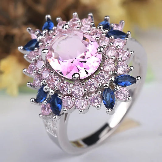 Fasion Real Solid 925 Sterling Silver Ring Women Gift AAA Multi Color Zircon Jewelry Blue Pave Flower Wedding Silver Ring Gift