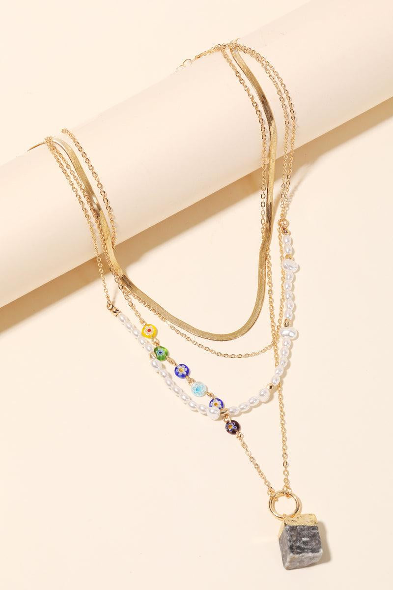 Cube Stone Pendant Layered Chain Pearl Necklace