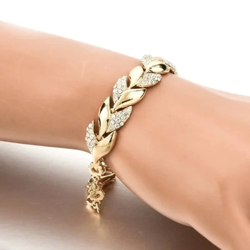 Delysia King Women Inlaid Crystal Golden Leaf Bracelet Trendy Bride Wedding Jewelry