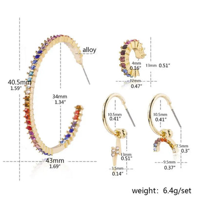 4Pcs CZ Stone Stud Earrings Kit Rainbow Crystal Hoop Earrings Fashion Jewelry