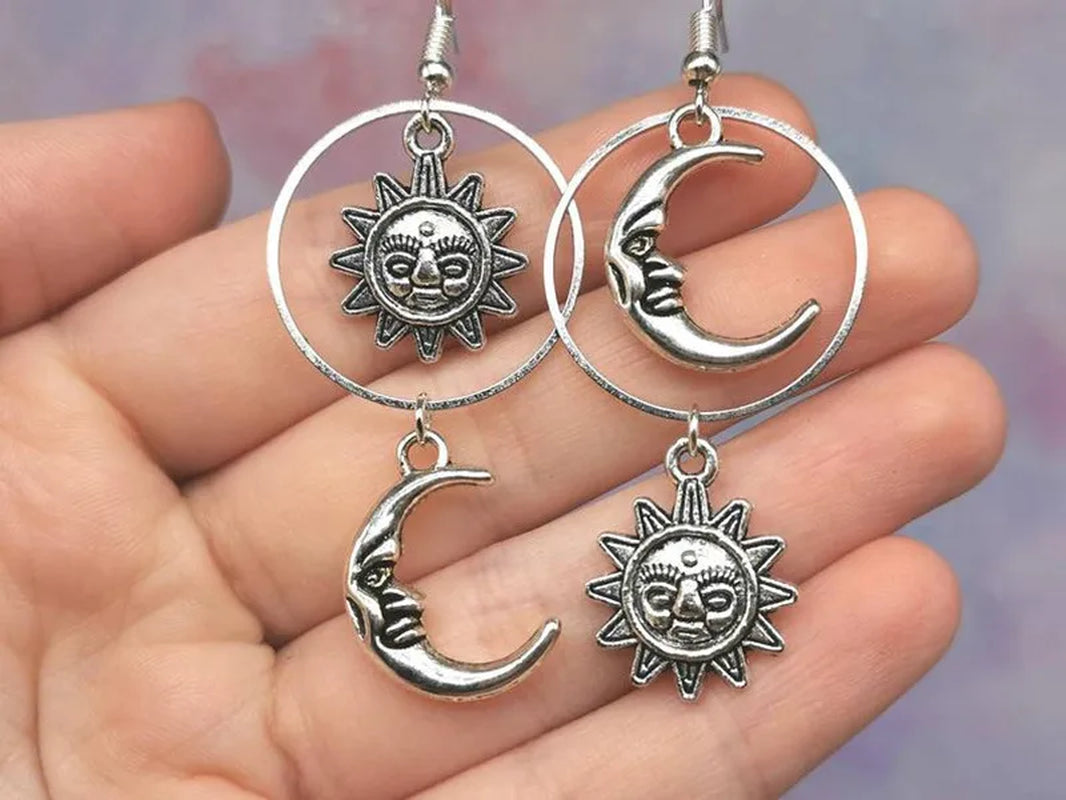 Gothic Sun and Moon Dangly Earrings, Witchy Dangle Earrings, Asymmetry Mismatched Earrings, Witch Pagan Celestial Jewellery