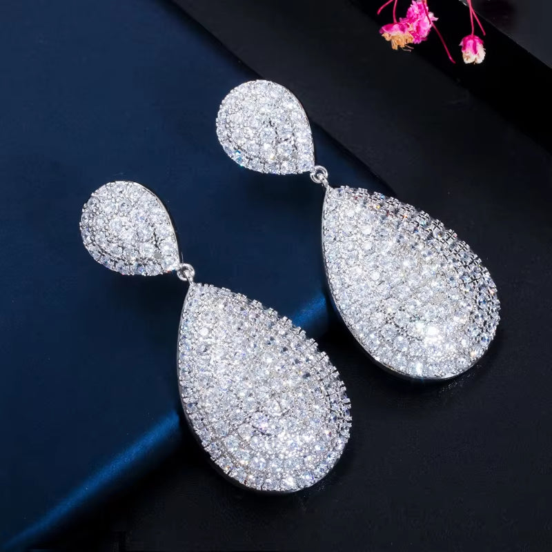 Classic Long Big Water Drop Indian Gold Color Luxury Micro Pave CZ Earrings Dubai Bridal Wedding Jewelry CZ652