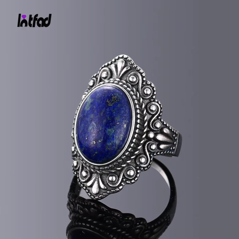 925 Sterling Silver Ring Vintage Oval Natural Lapis Rings for Women Finger Ring Jewelry Trendy Luxury Rings Party Gift