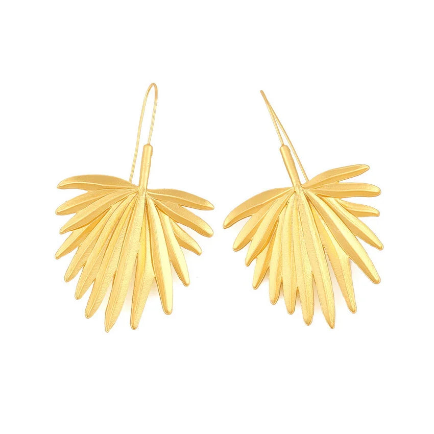 Gold Color Scalloped Alloy Feather Earrings Nature Inspired Floral Leaves Earrings Tropical Unique Women Fashion Jewelry