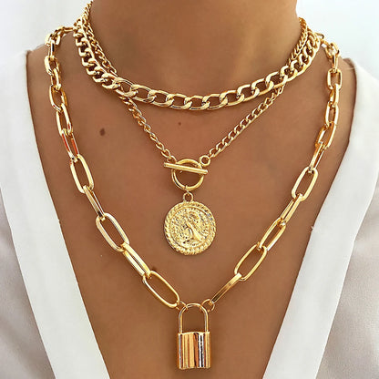 Boho Choker Vintage Lock Coin Pendant Necklaces Trendy Long Chain Femme Multilayer Necklace for Women