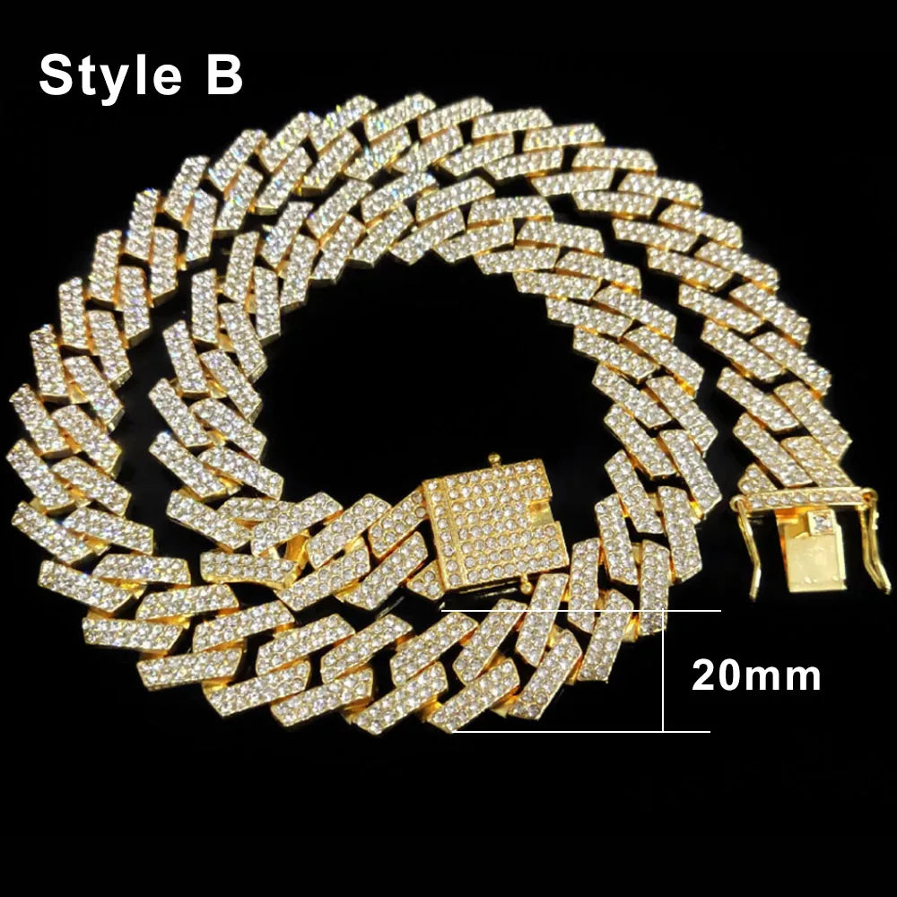 20Mm Men Necklace Iced Out Cuban Necklace Chain Hip Hop Jewelry Choker Gold Silver Color Rhinestone CZ Clasp for Mens Rapper