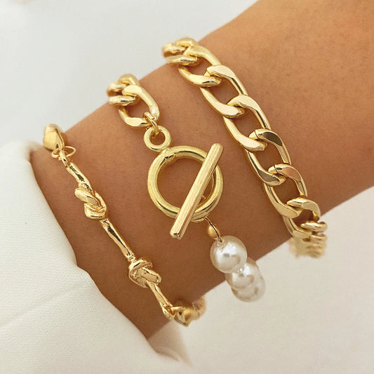 Bohemian Bracelets for Women Metal Gold Color Pearl Bracelet Heart Bracelets Set Pack Luxury Fashion Jewelry Accessories