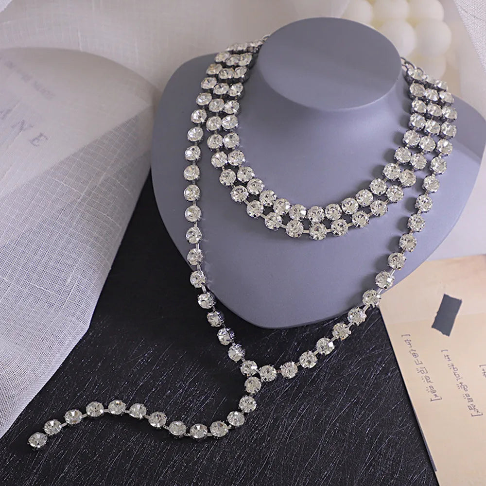 Multi-Layer Crystal Tassel Chain Long Choker Necklace Wedding Jewelry for Women Luxury Rhinestone Choker Collar Accessories Gift