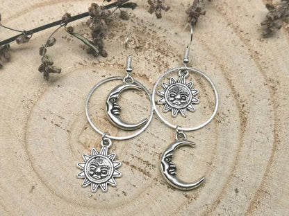 Gothic Sun and Moon Dangly Earrings, Witchy Dangle Earrings, Asymmetry Mismatched Earrings, Witch Pagan Celestial Jewellery