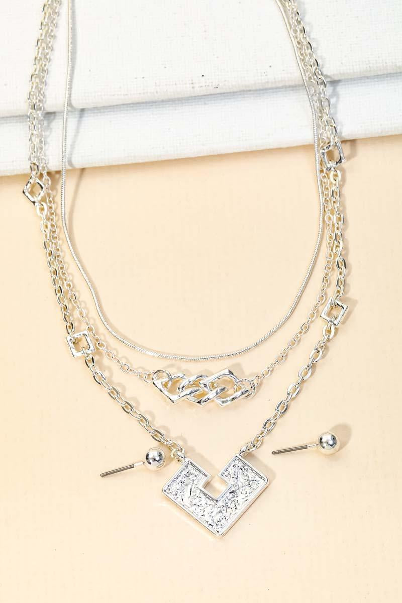 Square Shape Pendant Layered Chain Necklace & Ball Earrings Set