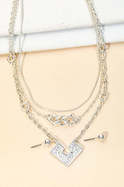 Square Shape Pendant Layered Chain Necklace & Ball Earrings Set