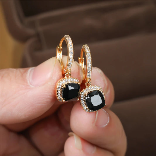 Luxury Female Square Crystal Stone Earrings Classic Gold Color Wedding Jewelry for Women Vintage Black Zircon Hoop Earring