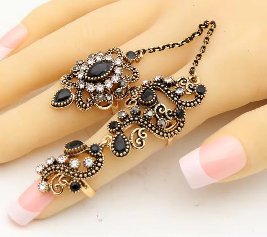 Sunspicems Vintage Turkish Double Finger Ring for Women Indian Flower Link Ring Bohemia Bride Wedding Jewelry Party Gift