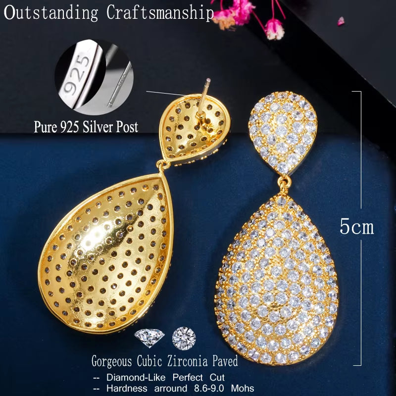 Classic Long Big Water Drop Indian Gold Color Luxury Micro Pave CZ Earrings Dubai Bridal Wedding Jewelry CZ652