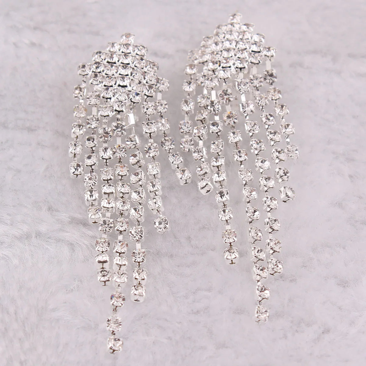 Bridal Silver Plated Crystal Rhinestone Long Tassel Clip on Earring for Women Party Fine Jewelry No Hole Earrings