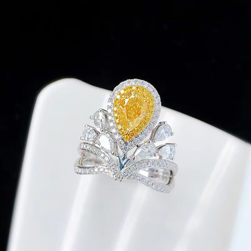 Elegant Crown Yellow Lab Diamond Water Drop Women'S Ring Silver Princess Adjustable Size Finger Ring Brand Jewelry