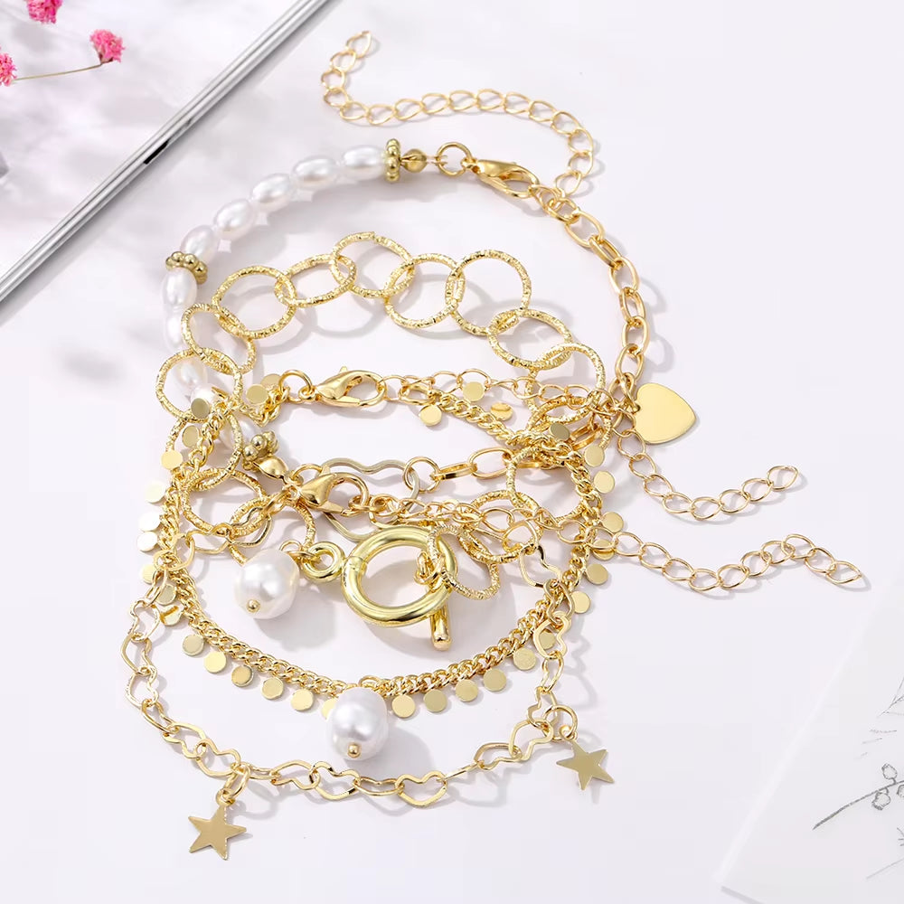 Bohemian Bracelets for Women Metal Gold Color Pearl Bracelet Heart Bracelets Set Pack Luxury Fashion Jewelry Accessories