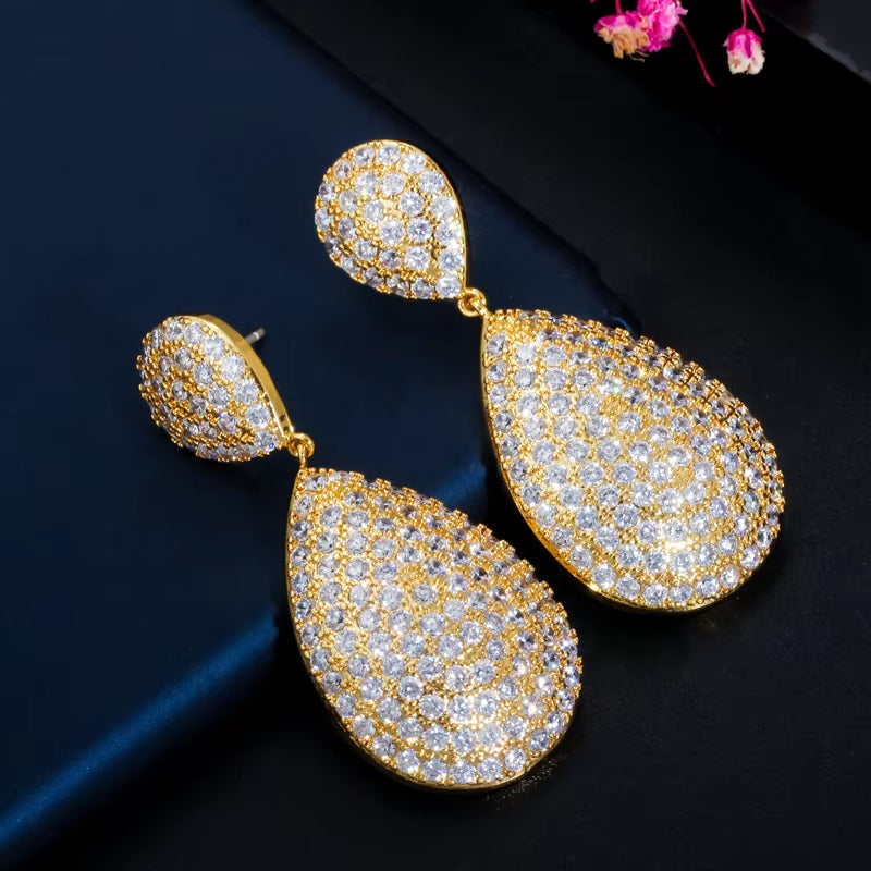 Classic Long Big Water Drop Indian Gold Color Luxury Micro Pave CZ Earrings Dubai Bridal Wedding Jewelry CZ652