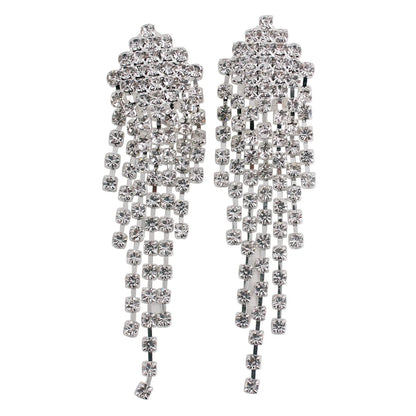 Bridal Silver Plated Crystal Rhinestone Long Tassel Clip on Earring for Women Party Fine Jewelry No Hole Earrings