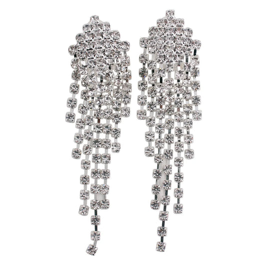 Bridal Silver Plated Crystal Rhinestone Long Tassel Clip on Earring for Women Party Fine Jewelry No Hole Earrings