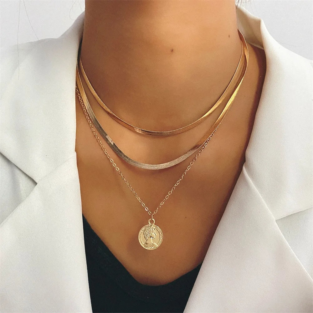 Boho Choker Vintage Lock Coin Pendant Necklaces Trendy Long Chain Femme Multilayer Necklace for Women