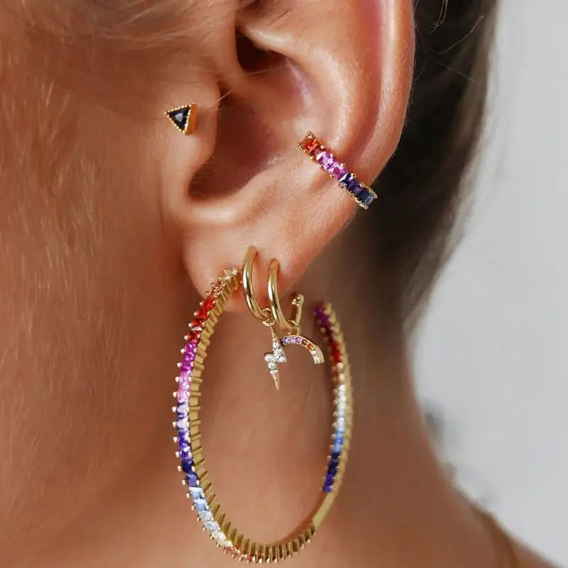 4Pcs CZ Stone Stud Earrings Kit Rainbow Crystal Hoop Earrings Fashion Jewelry