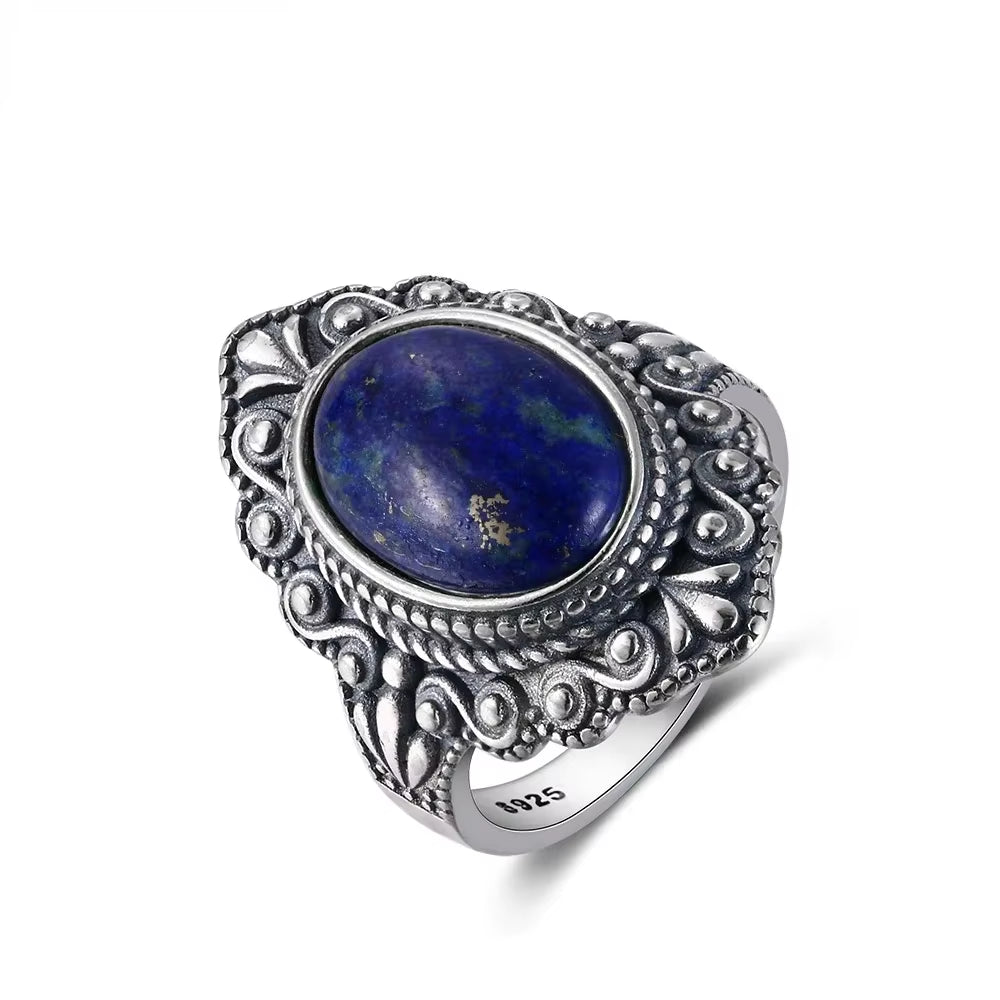 925 Sterling Silver Ring Vintage Oval Natural Lapis Rings for Women Finger Ring Jewelry Trendy Luxury Rings Party Gift