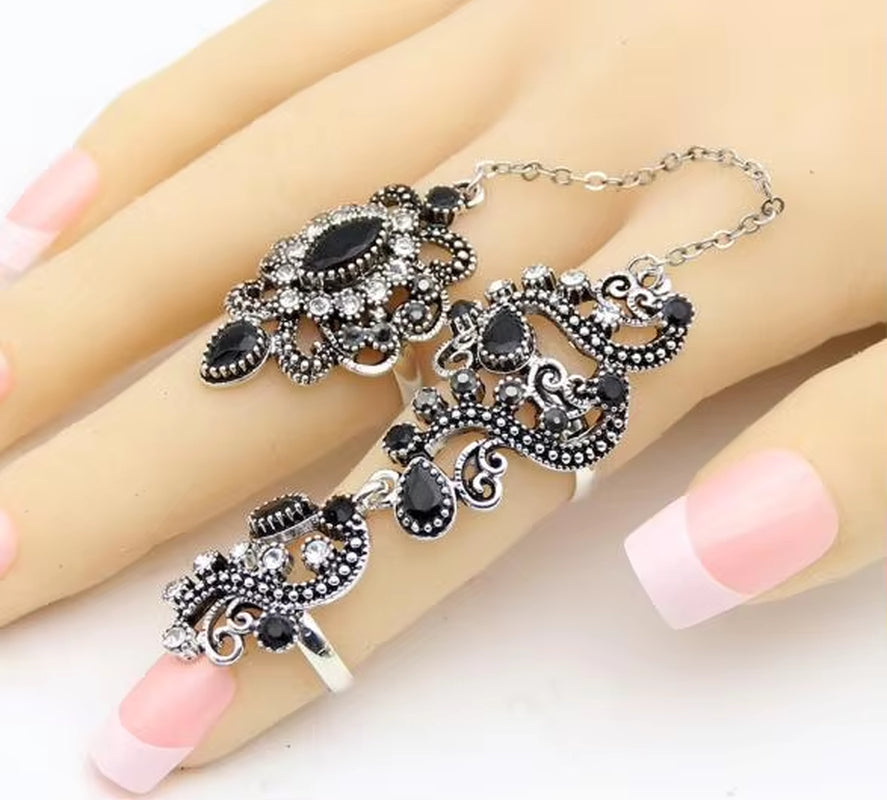 Sunspicems Vintage Turkish Double Finger Ring for Women Indian Flower Link Ring Bohemia Bride Wedding Jewelry Party Gift