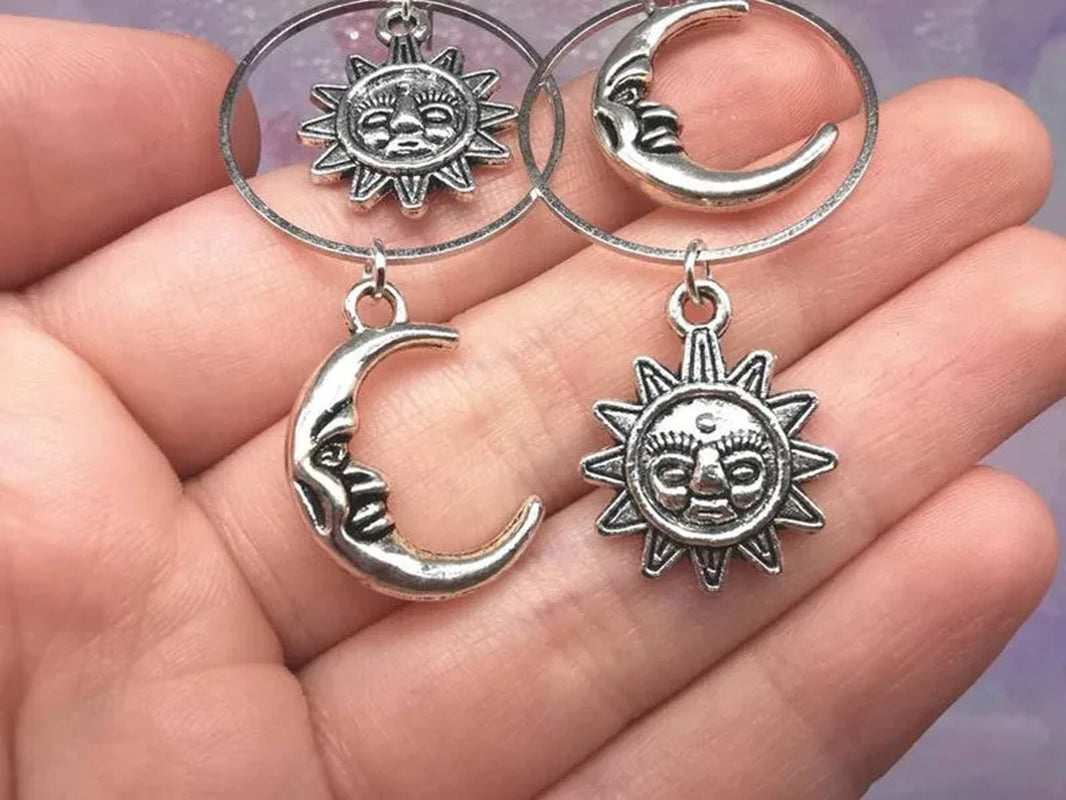 Gothic Sun and Moon Dangly Earrings, Witchy Dangle Earrings, Asymmetry Mismatched Earrings, Witch Pagan Celestial Jewellery