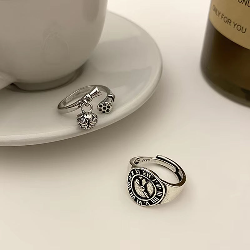 Silver Color Fashion Personality Retro Geometric Pendant Ring Woman Creative Clock Trend Index Finger Ring Punk Jewelry