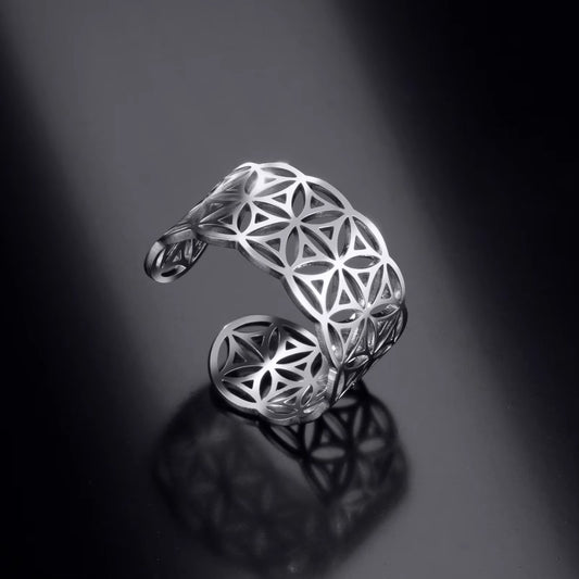 Openwork Flower of Life Open Ring for Women Fashion Stainless Steel Adjustable Finger Ring 2022 New Trend Jewelry